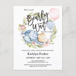 我々は良く待つことができる男の子テディベア赤ちゃんシャワー ポストカード