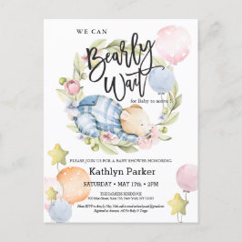 我々は良く待つことができる男の子テディベア赤ちゃんシャワー ポストカード