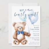 我々は良く待つことができる男の子テディベア赤ちゃんシャワー 招待状 (正面)