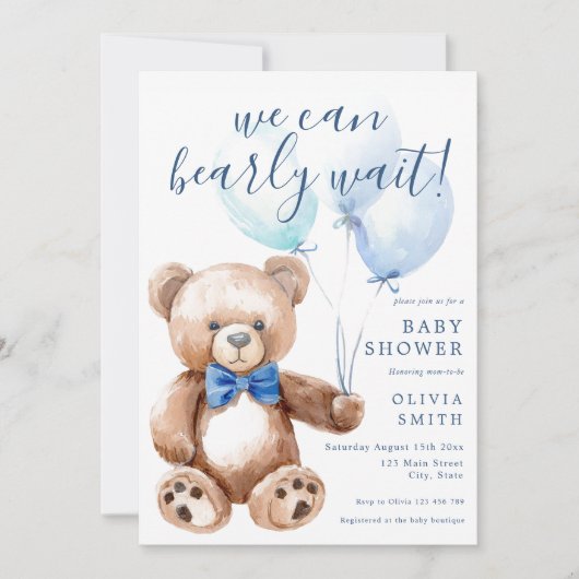 我々は良く待つことができる男の子テディベア赤ちゃんシャワー 招待状 (正面)