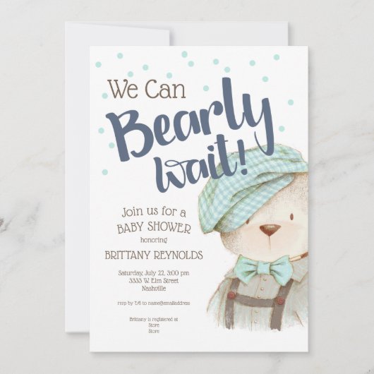 我々は良く待つことができる男の子テディベア赤ちゃんシャワー 招待状 (正面)