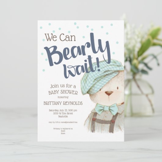我々は良く待つことができる男の子テディベア赤ちゃんシャワー 招待状 (スタンド正面)