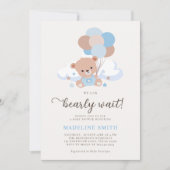 我々は良く待つことができる男の子テディベア赤ちゃんシャワー 招待状 (正面)