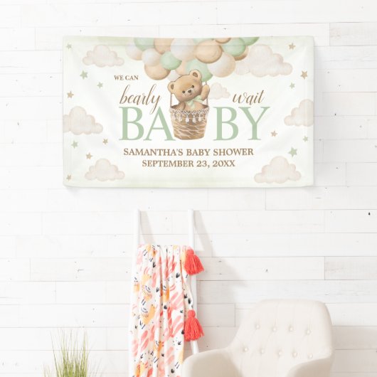 我々は良く待つことができる緑のクマ赤ちゃんシャワー 横断幕 (インサイチュ)