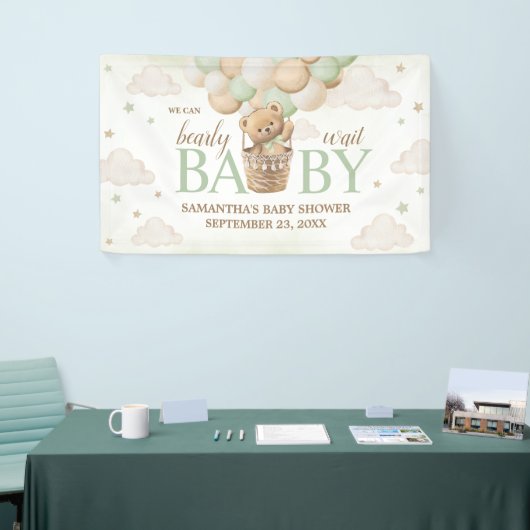 我々は良く待つことができる緑のクマ赤ちゃんシャワー 横断幕 (トレードショー)