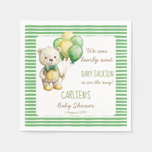 我々は良く待つことができる緑のテディベア赤ちゃんシャワー スタンダードカクテルナプキン (正面)
