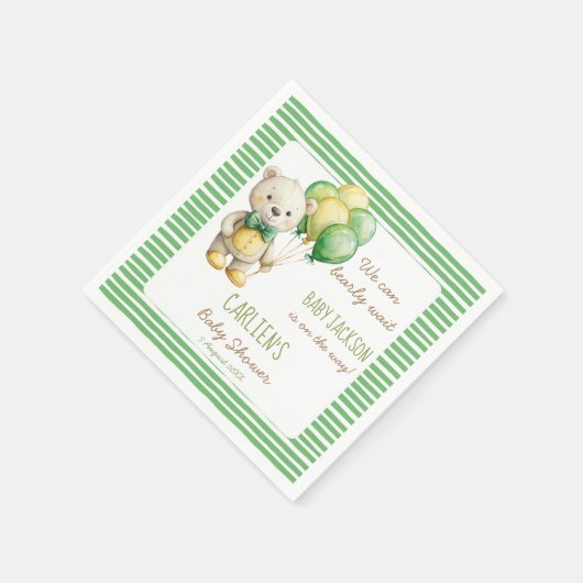 我々は良く待つことができる緑のテディベア赤ちゃんシャワー スタンダードカクテルナプキン (角)
