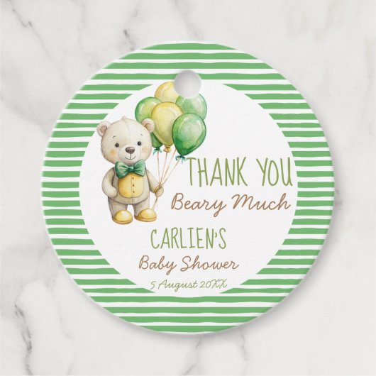 我々は良く待つことができる緑のテディベア赤ちゃんシャワー フェイバータグ (正面)