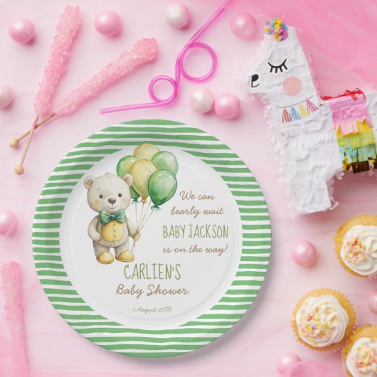 我々は良く待つことができる緑のテディベア赤ちゃんシャワー ペーパープレート (パーティー)