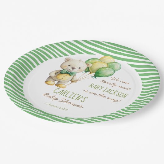 我々は良く待つことができる緑のテディベア赤ちゃんシャワー ペーパープレート (アングル)