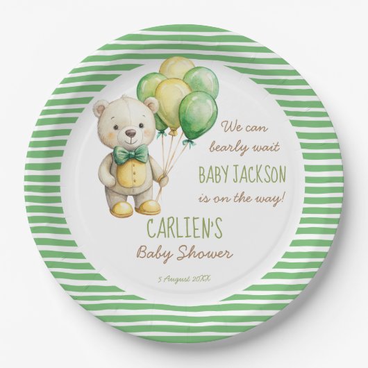 我々は良く待つことができる緑のテディベア赤ちゃんシャワー ペーパープレート (正面)
