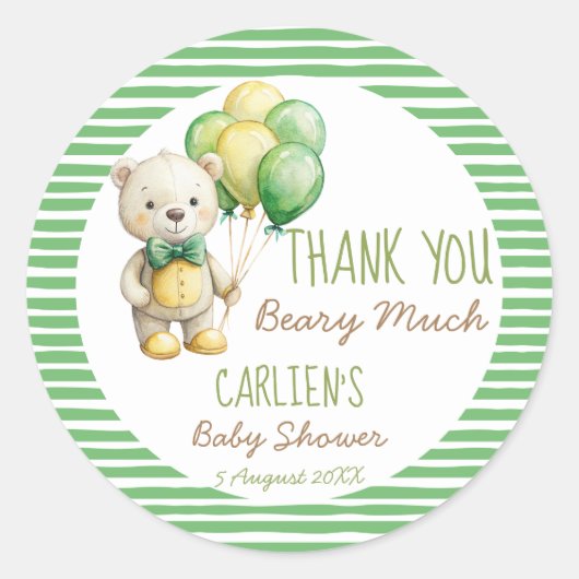 我々は良く待つことができる緑のテディベア赤ちゃんシャワー ラウンドシール (正面)