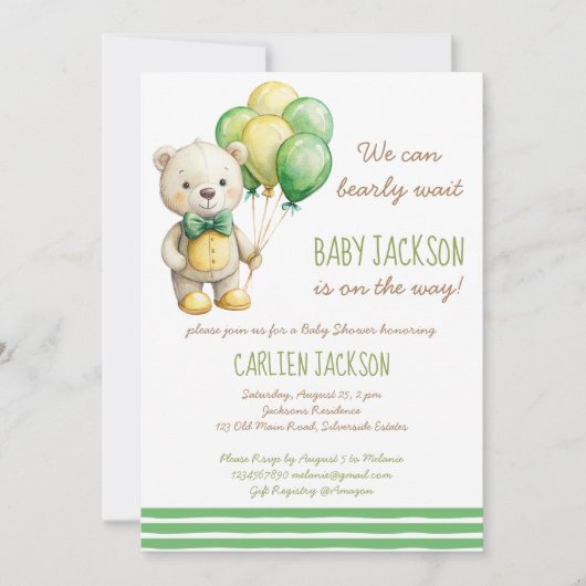 我々は良く待つことができる緑のテディベア赤ちゃんシャワー 招待状 (正面)