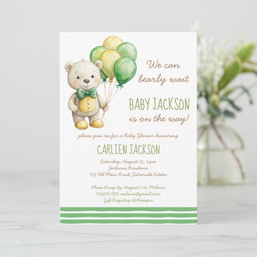 我々は良く待つことができる緑のテディベア赤ちゃんシャワー 招待状 (スタンド正面)