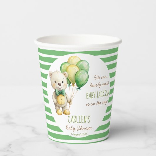 我々は良く待つことができる緑のテディベア赤ちゃんシャワー 紙コップ (裏面)