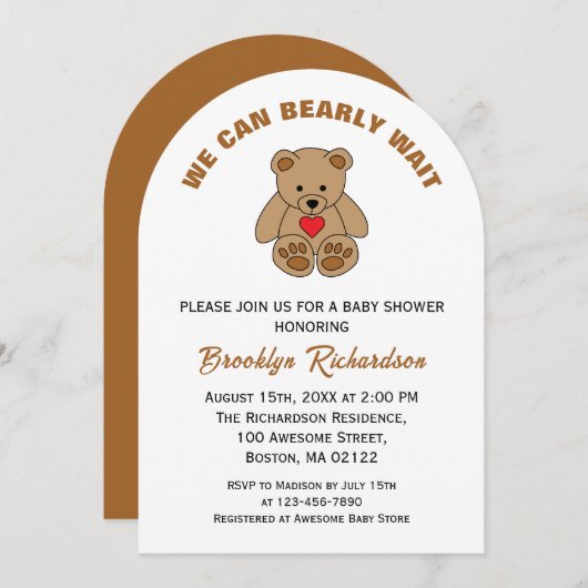 我々は良く待つことができる茶色のテディベア赤ちゃんシャワー 招待状 (正面/裏面)