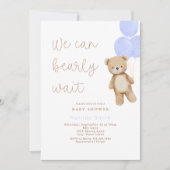 我々は良く待つことができる青いバルーン赤ちゃんシャワー 招待状 (正面)