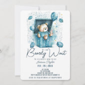 我々は良く待つことができる青いボックスクマ男の子の赤ちゃんシャワー 招待状 (正面)