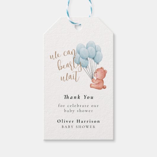 我々は良く待つことができる青い気球の赤ちゃんシャワー ギフトタグ (正面)