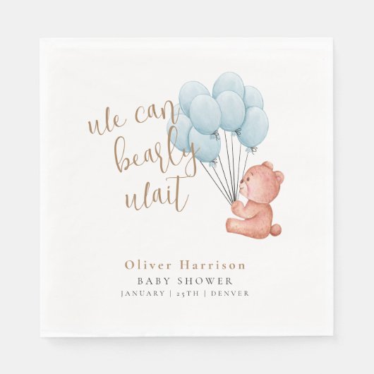 我々は良く待つことができる青い気球の赤ちゃんシャワー スタンダードランチョンナプキン (正面)