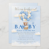 我々は良く待つことができる青テディベア赤ちゃんシャワーinv 招待状 (正面/裏面)