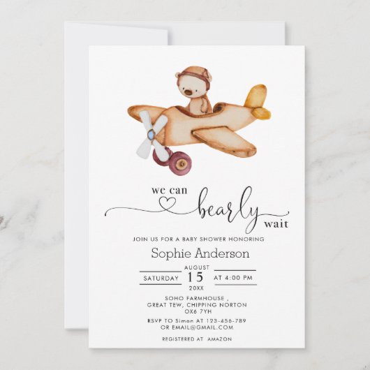 我々は良く待つことができる飛行機テディベア赤ちゃんシャワー 招待状 (正面)