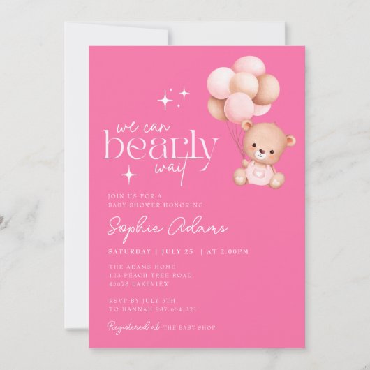 我々は良く待つことができテディベア熱いピンクの赤ちゃんシャワー 招待状 (正面)