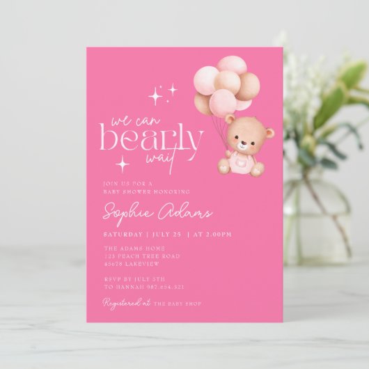 我々は良く待つことができテディベア熱いピンクの赤ちゃんシャワー 招待状 (スタンド正面)