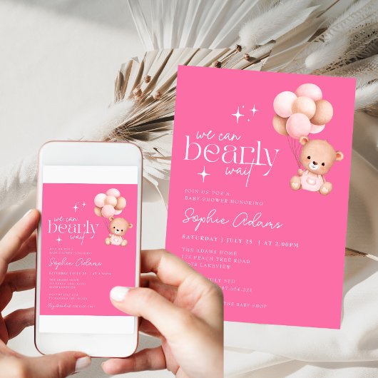 我々は良く待つことができテディベア熱いピンクの赤ちゃんシャワー 招待状