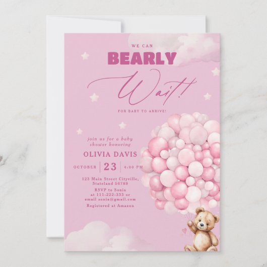我々は良く待つ女の子の気球の赤ちゃんシャワー 招待状 (正面)
