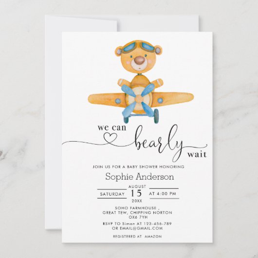 我々は良く待つ飛行機のクマ男の子の赤ちゃんシャワー 招待状 (正面)