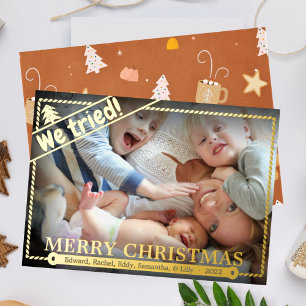 我々は試みた おもしろいクリスマスフォトユーモア ユニーク 箔シーズンカード