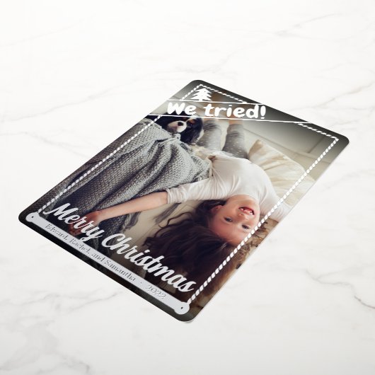 我々は試みた |クリスマスおもしろい。 |フルフォト |ポートレート 箔シーズンカード (回転した状態)