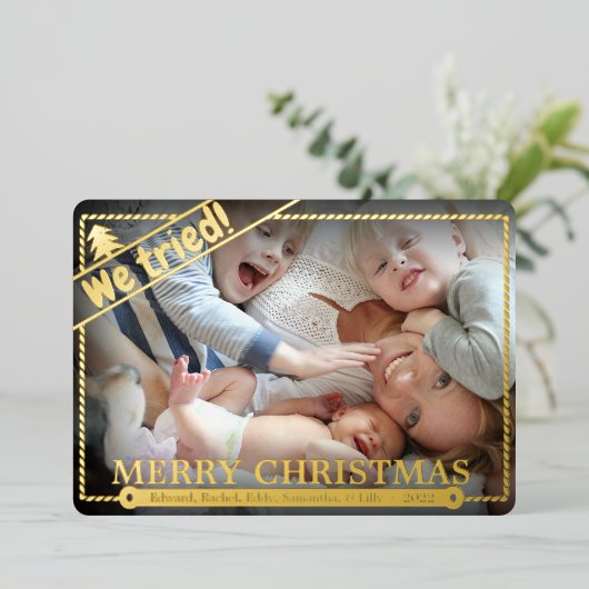 我々は試みた |クリスマスおもしろい。 |横向き写真かわいい 箔シーズンカード (立ち正面)
