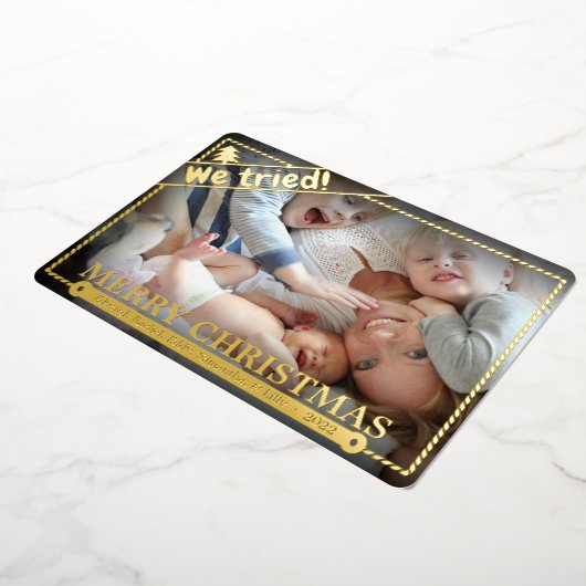 我々は試みた |クリスマスおもしろい。 |横向き写真かわいい 箔シーズンカード (回転した状態)