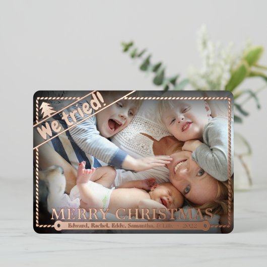 我々は試みた |クリスマスおもしろい。 |横向き写真かわいい 箔シーズンカード (立ち正面)