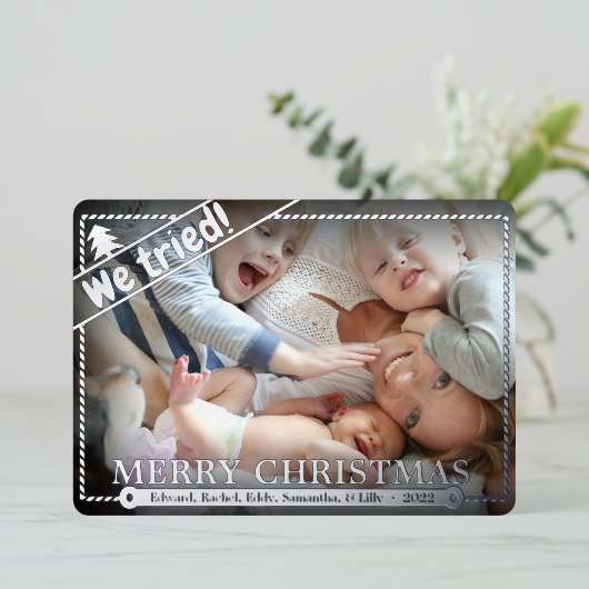 我々は試みた |クリスマスおもしろい。 |横向き写真かわいい 箔シーズンカード (立ち正面)