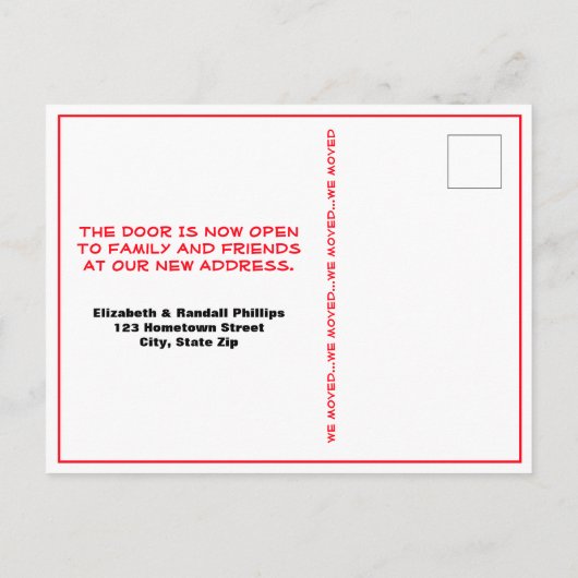 我々は赤い素朴二重ドアの花を移動 ポストカード (裏面)