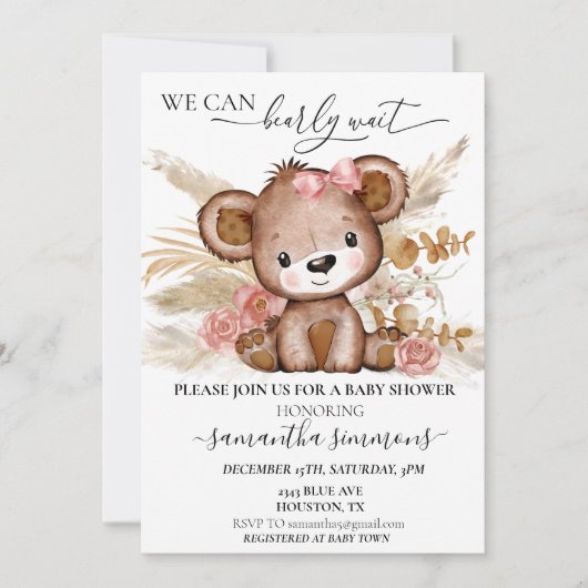 我々は赤ちゃんシャワーを待つbear Boho PInk 招待状 (正面)