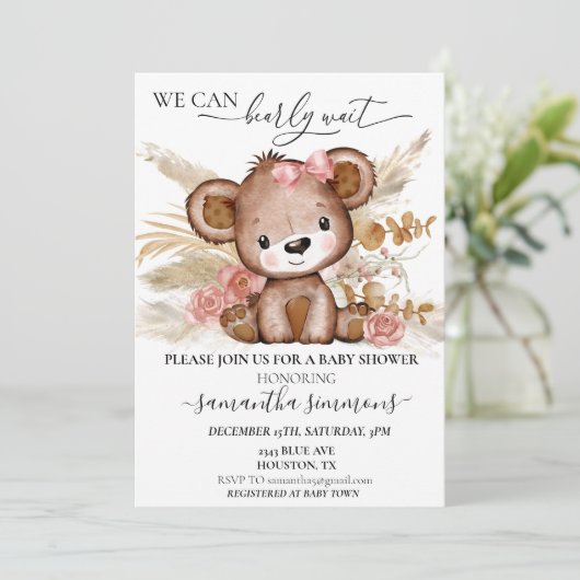 我々は赤ちゃんシャワーを待つbear Boho PInk 招待状 (スタンド正面)