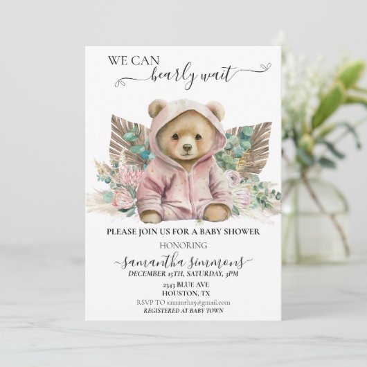 我々は赤ちゃんシャワーピンクボホベア待つことができる 招待状 (スタンド正面)