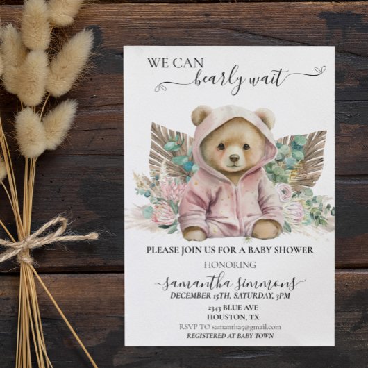 我々は赤ちゃんシャワーピンクボホベア待つことができる 招待状