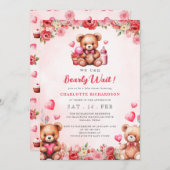 我々は赤ちゃんシャワーフローラテディベア待つことができる 招待状 (正面/裏面)
