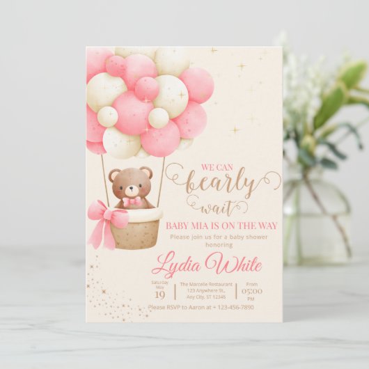 我々は赤ちゃんシャワー女の子テディベア待つことができる 招待状 (スタンド正面)