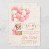我々は赤ちゃんシャワー女の子テディベア待つことができる 招待状 (正面/裏面)
