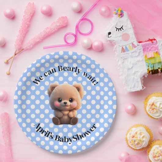 我々は赤ちゃんシャワーteddyクマ水玉模様を心待ち ペーパープレート (パーティー)
