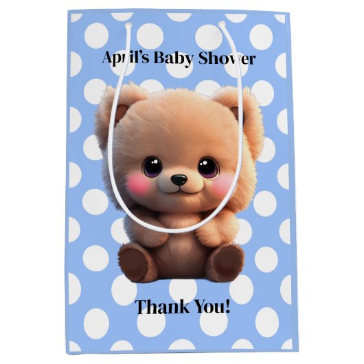 我々は赤ちゃんシャワーteddyクマ水玉模様を心待ち ミディアムペーパーバッグ (正面)