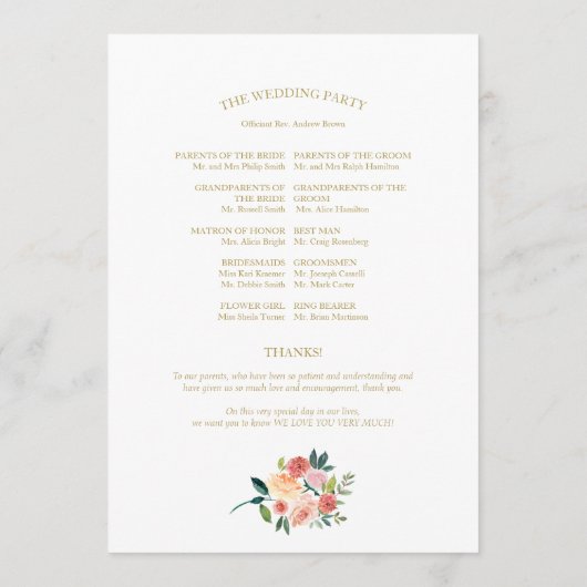 我々は金ゴールドフローラ水カラー結婚式 プログラム (裏面)