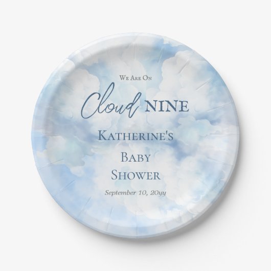 我々は雲の9青い少年の赤ちゃんシャワー上にある ペーパープレート (正面)
