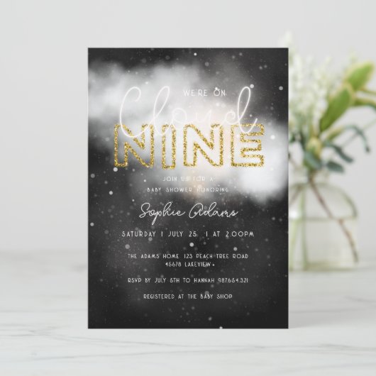 我々は雲9の金ゴールド夢想的な赤ちゃんシャワー上にある 招待状 (スタンド正面)